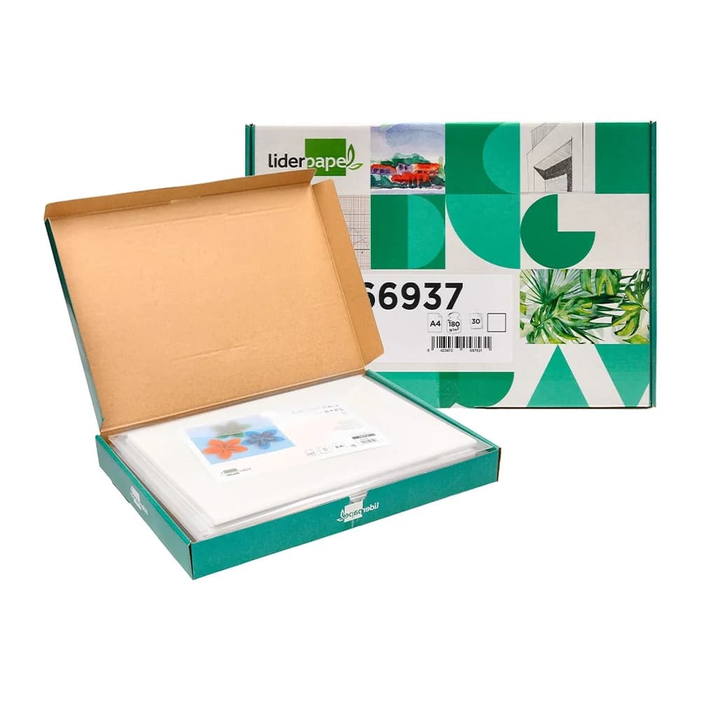 Liderpapel Cartulina liderpapel a4 180g/m2 blanco paquete de 25+5 hojas en carpeta dossier transparente con cierre velcro