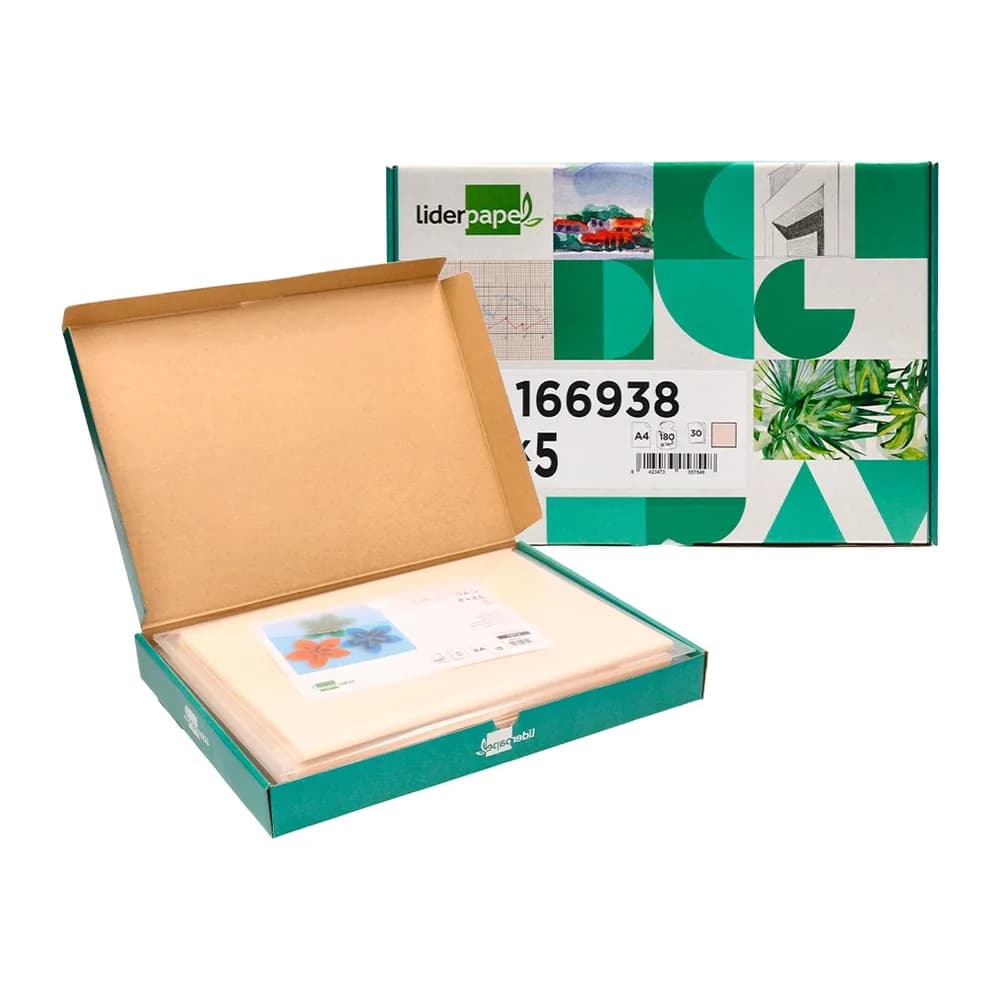 Liderpapel Cartulina liderpapel a4 180g/m2 crema paquete de 25+5 hojas en carpeta dossier transparente con cierre velcro