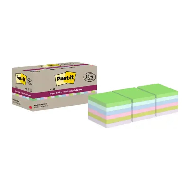 Post-it Bloc de notas adhesivas quita y pon post-it super sticky 76x76 mm 70 hojas recicladas paquete de 14 unidades