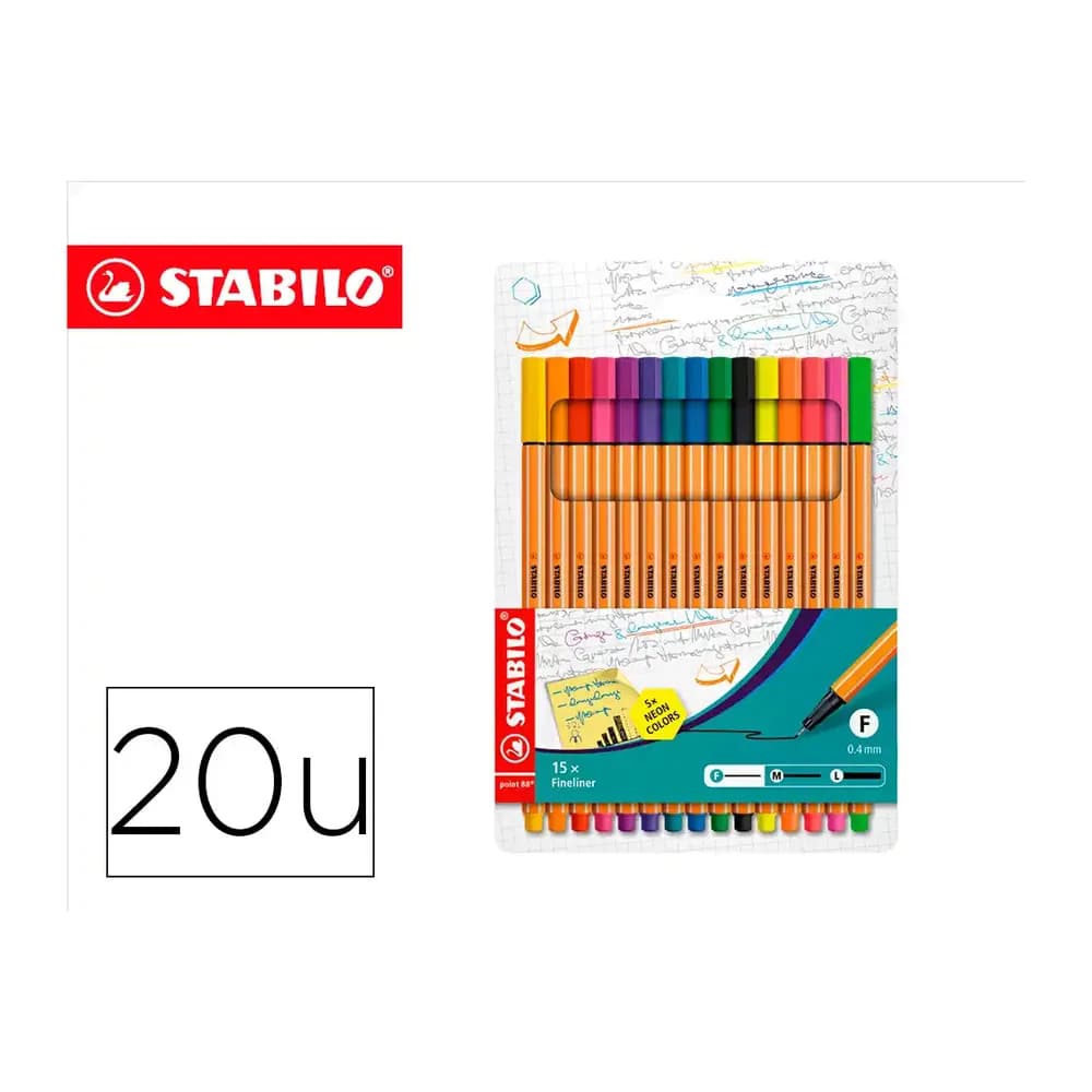 Stabilo Rotulador stabilo punta de fibra point 88 estuche de 15 unidades colores surtidos + 5 colores neon
