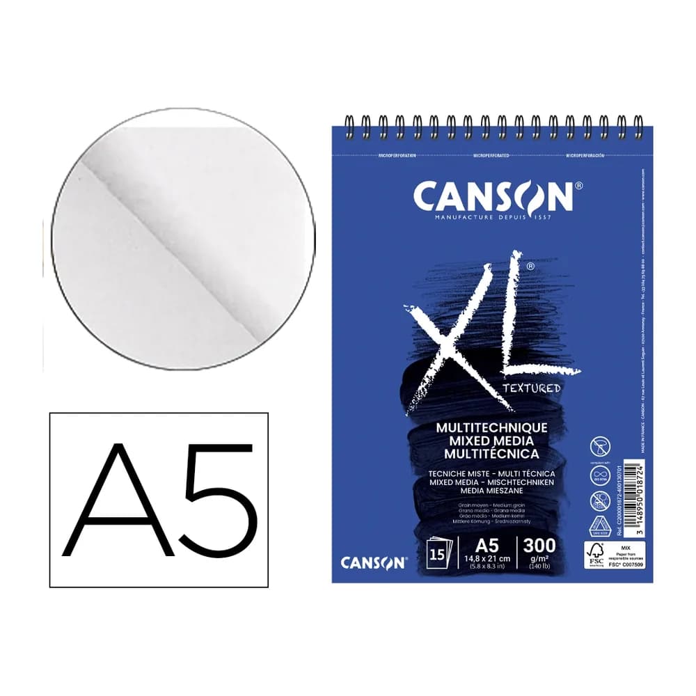 Canson Bloc dibujo acuarela canson xl mix media grano medio din a5 15 hojas 300 gr/m2