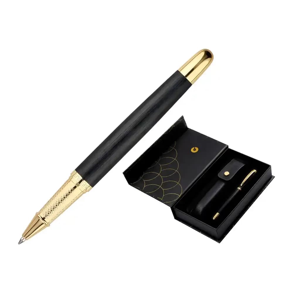Belius Boligrafo y estuche belius passion dor aluminio textura cepillada color negro y dorado tinta azul caja diseño