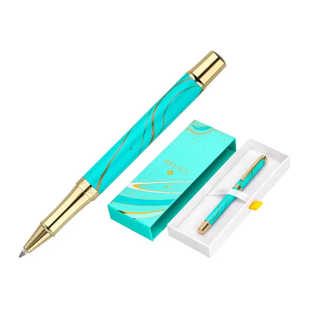 Belius Roller belius aqua aluminio color turquesa y dorado tinta negra caja de diseño