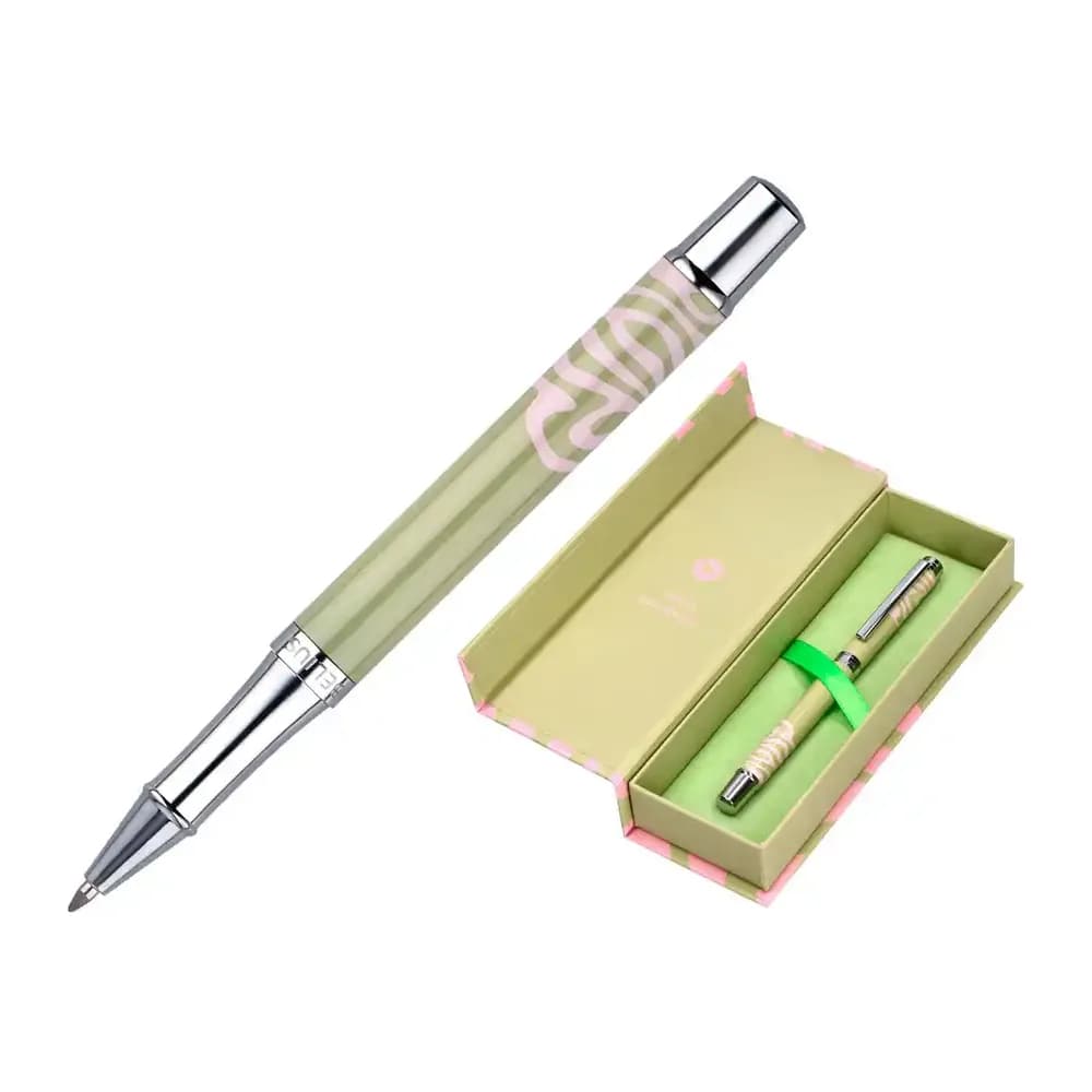 Belius Roller belius ink dreams aluminio color verde matcha y rosa plateado frase interior tinta negra caja de diseño