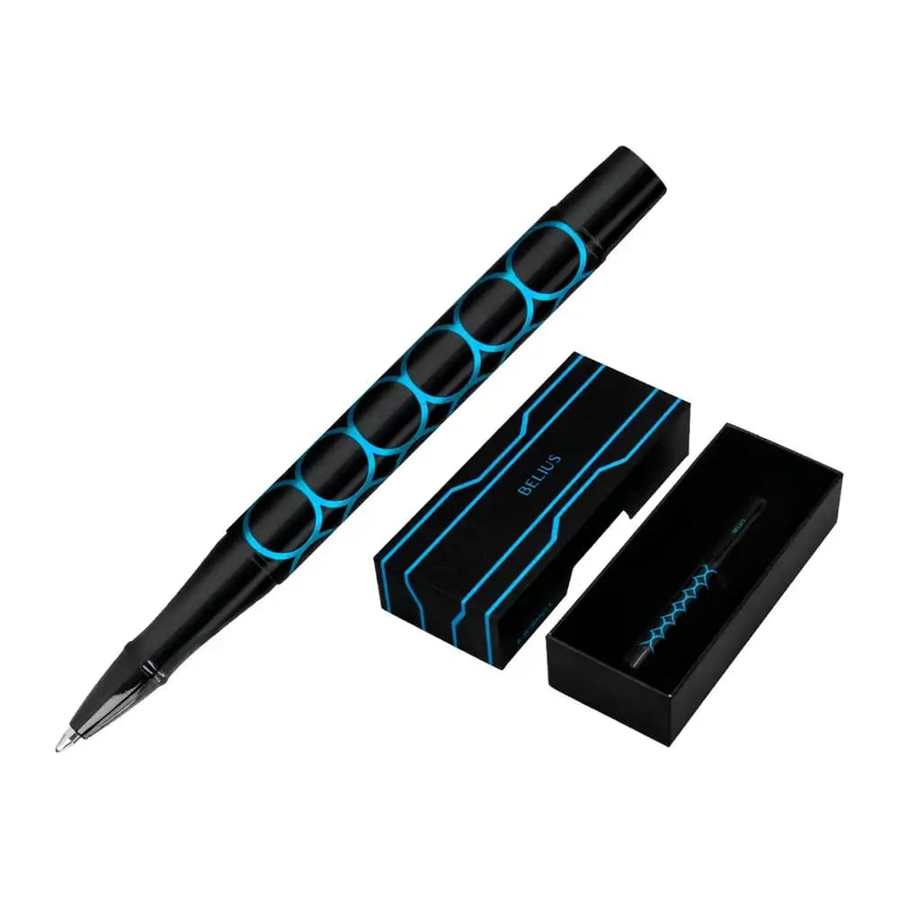 Belius Boligrafo belius legacy aluminio diseño circulos azul cuerpo negro tinta color azul caja de diseño