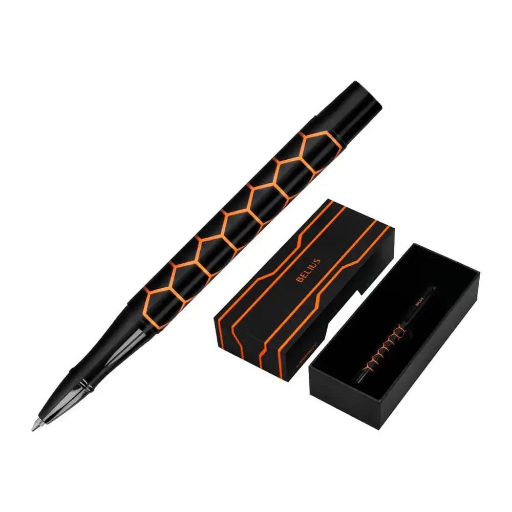Belius Boligrafo belius legacy aluminio diseño hexagono naranja cuerpo negro tinta color azul caja de diseño