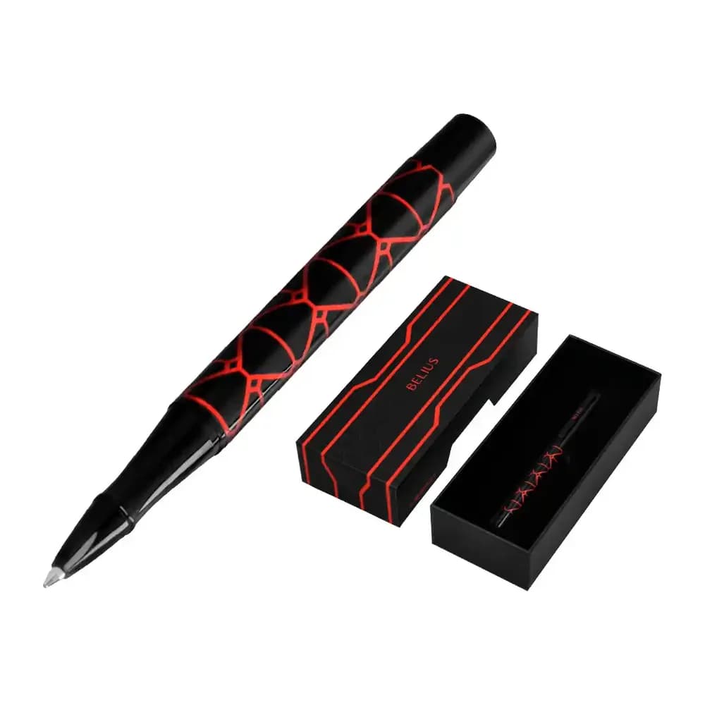 Belius Boligrafo belius legacy aluminio diseño triangulo rojo cuerpo negro tinta color azul caja de diseño