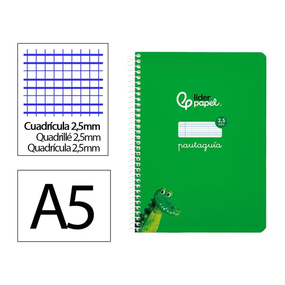 Liderpapel Cuaderno espiral liderpapel a5 pautaguia tapa blanda 40h 75gr cuadro pautado 2,5mm color verde