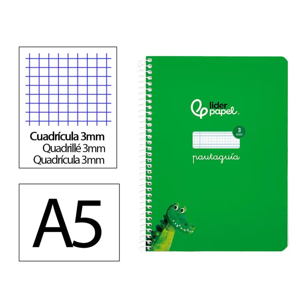Liderpapel Cuaderno espiral liderpapel a5 pautaguia tapa blanda 40h 75gr cuadro pautado 3mm color verde