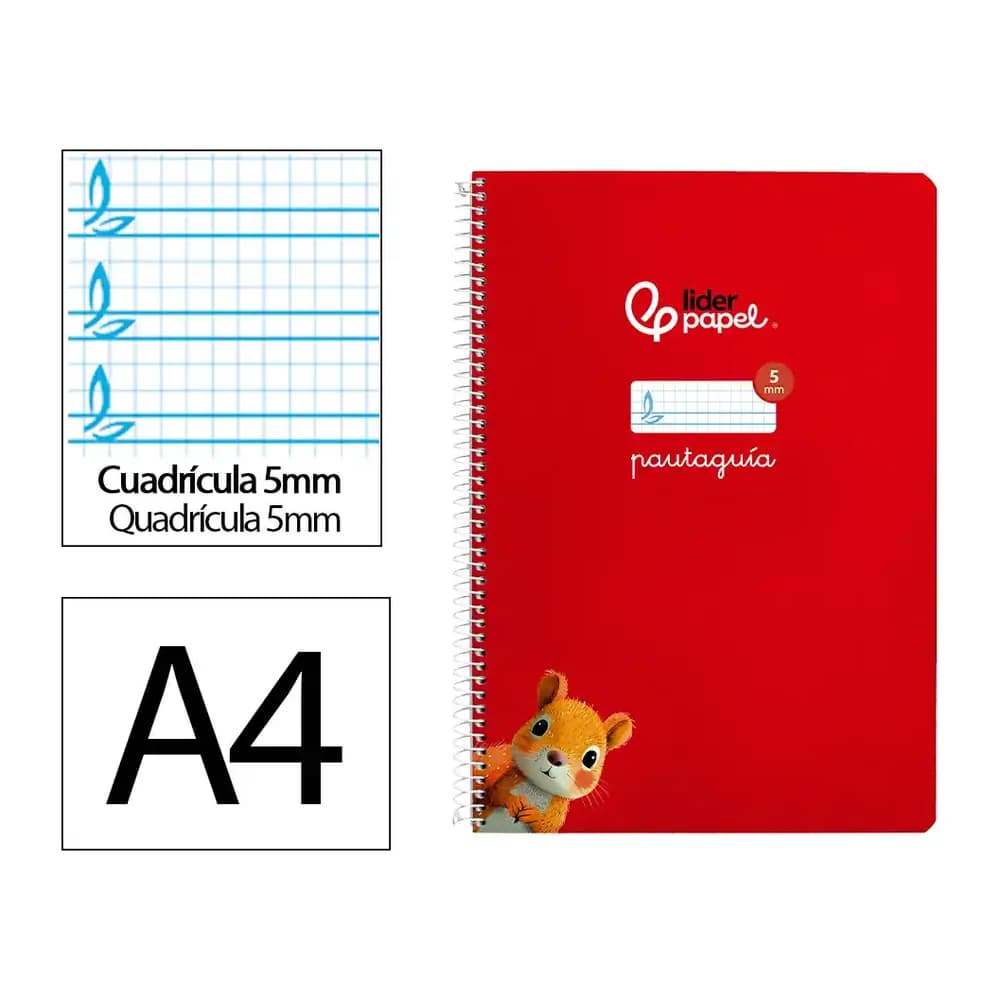 Liderpapel Cuaderno espiral liderpapel a4 pautaguia tapa blanda 80h 75gr cuadro pautado 5mm color rojo