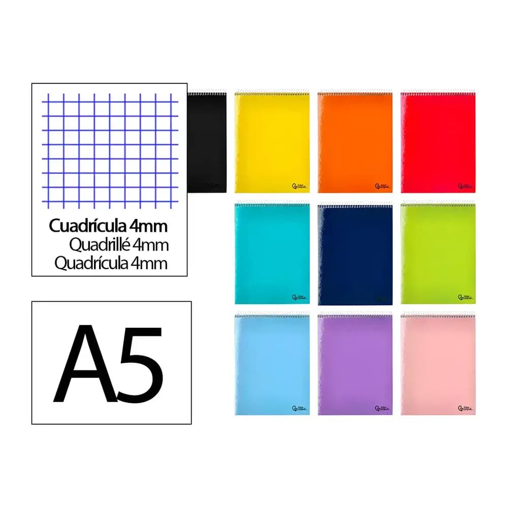 Liderpapel Cuaderno espiral liderpapel din a5 apaisado smart tapa blanda 80h 75gr cuadro 4mm con margen colores surtidos