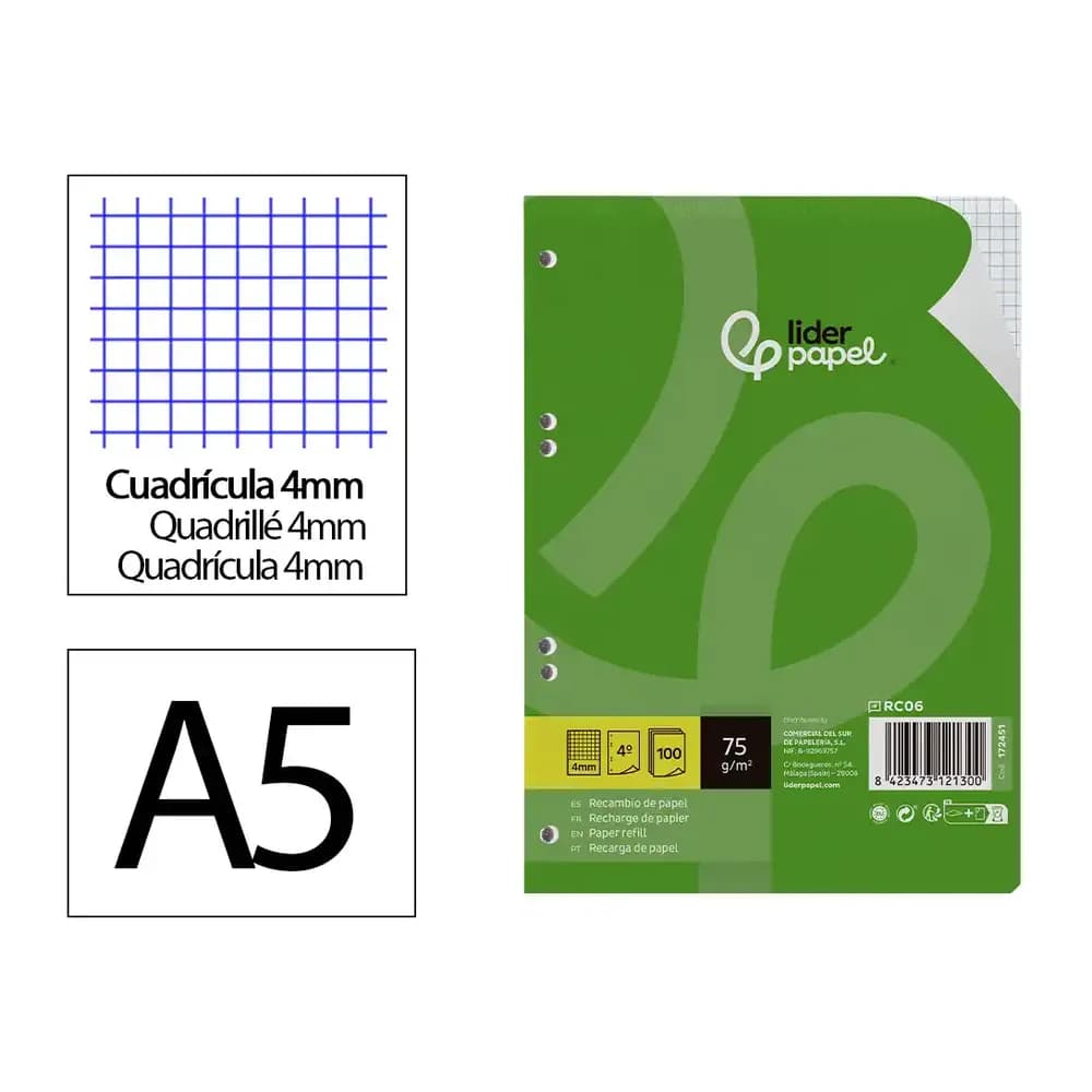 Liderpapel Recambio liderpapel a5 100 hojas 75gr cuadro 4mm con margen 6 taladros