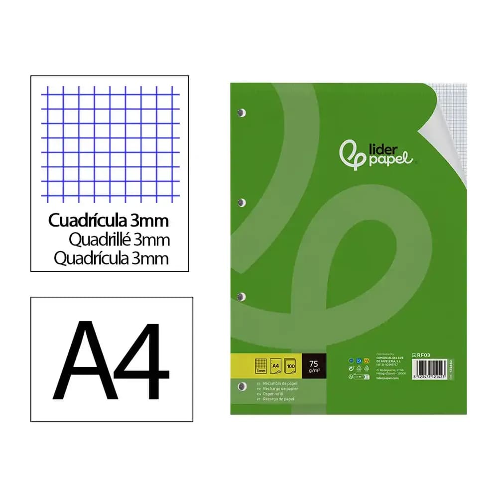 Liderpapel Recambio liderpapel din a4 100 hojas 75 gr cuadro 3 mm con margen 4 taladros
