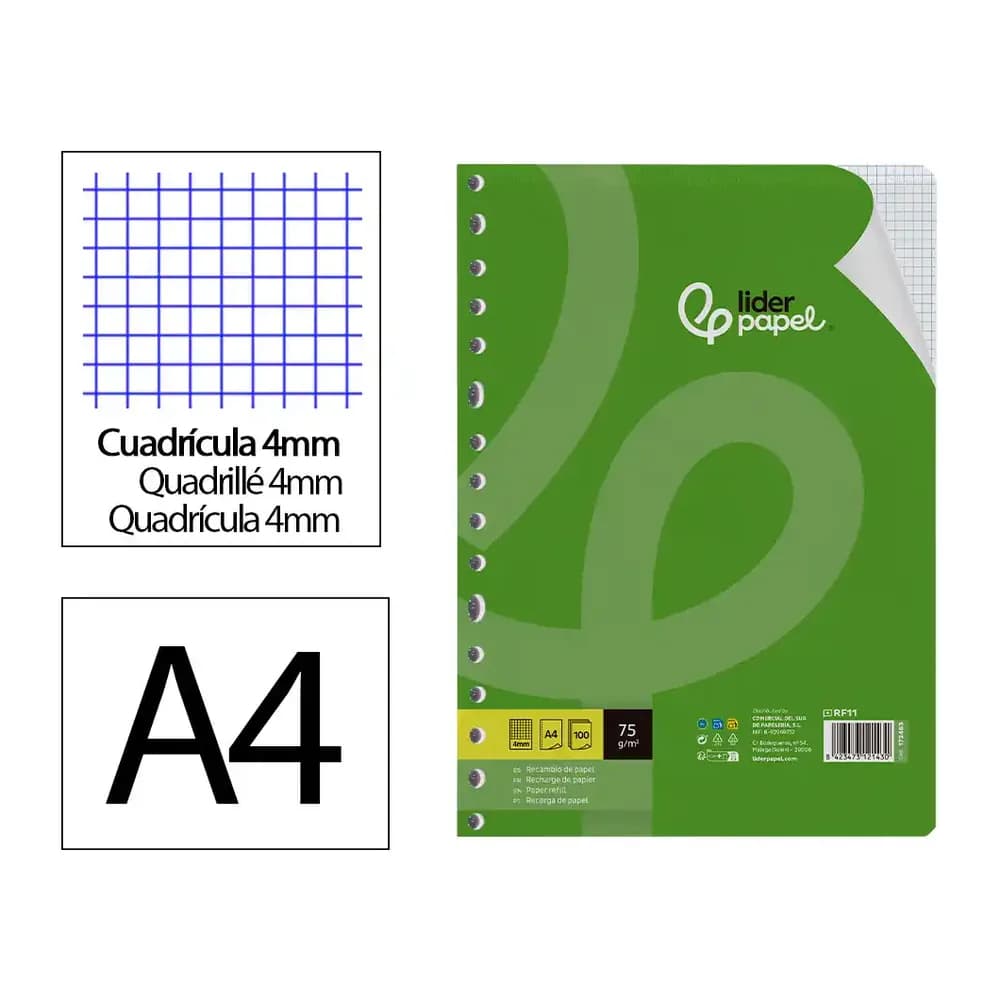 Liderpapel Recambio liderpapel a4 100 hojas 75gr cuadro 4mm con margen 16 taladros