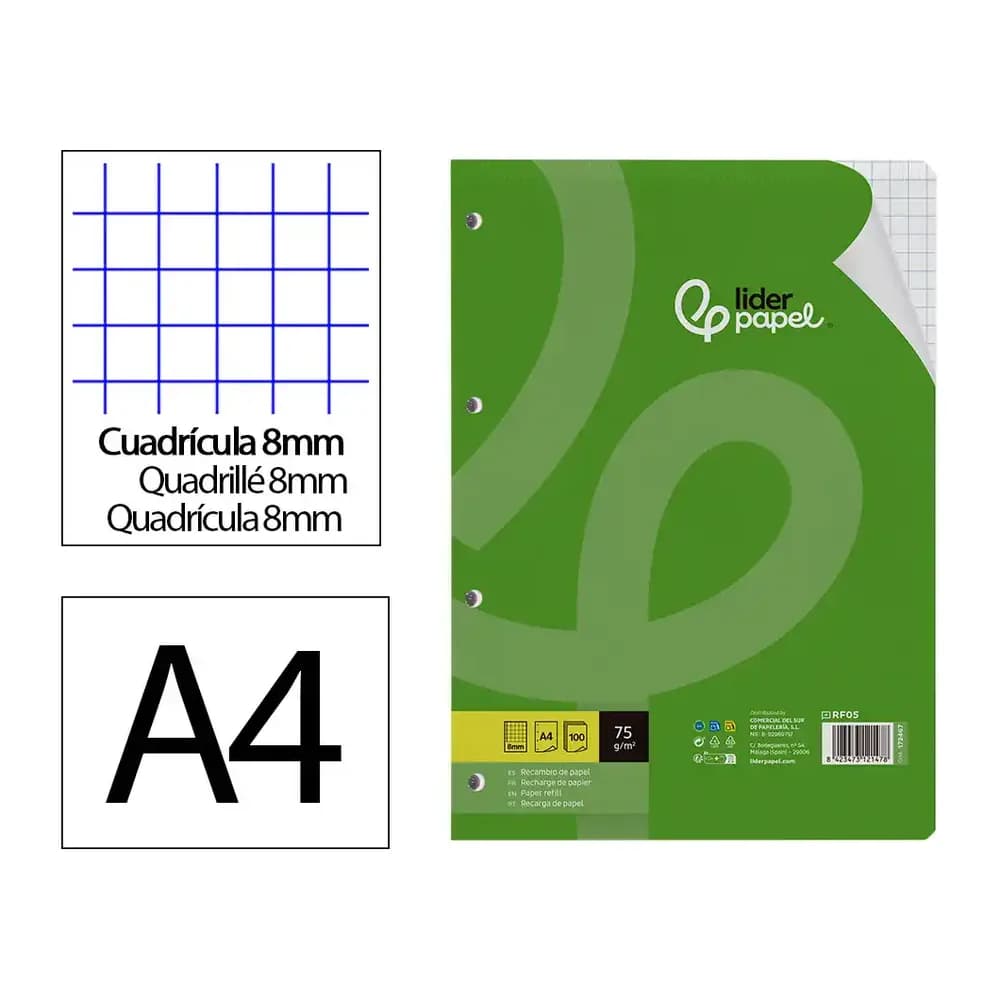Liderpapel Recambio liderpapel a4 100 hojas 75gr cuadro 8mm con margen 4 taladros