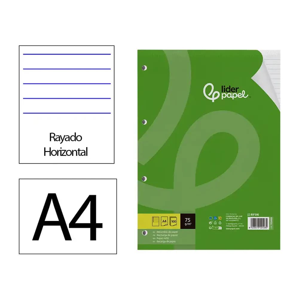 Liderpapel Recambio liderpapel a4 100 hojas 75gr horizontal con margen 4 taladros