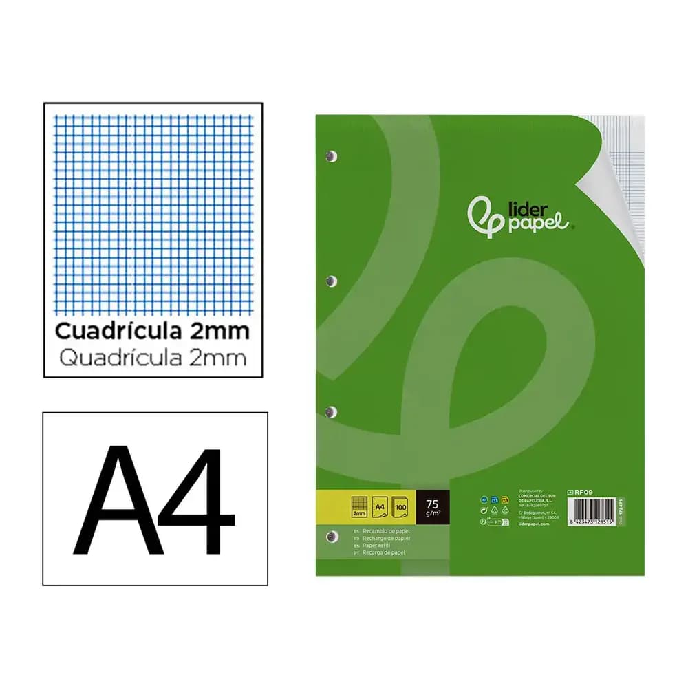 Liderpapel Recambio liderpapel a4 100 hojas 75gr milimetrado 2 mm sin margen 4 taladros