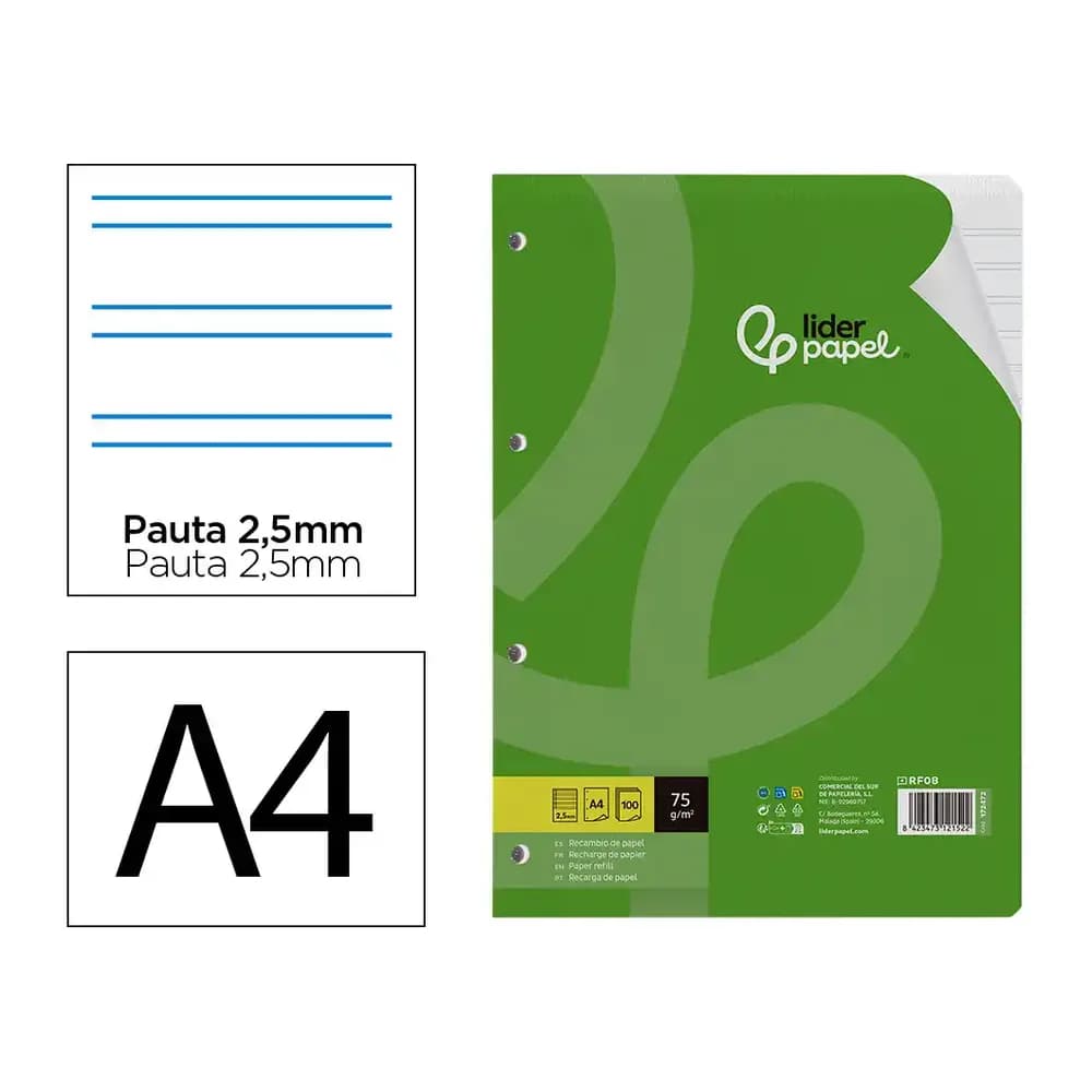 Liderpapel Recambio liderpapel a4 100 hojas 75gr pauta 5 2.5mm con margen 4 taladros