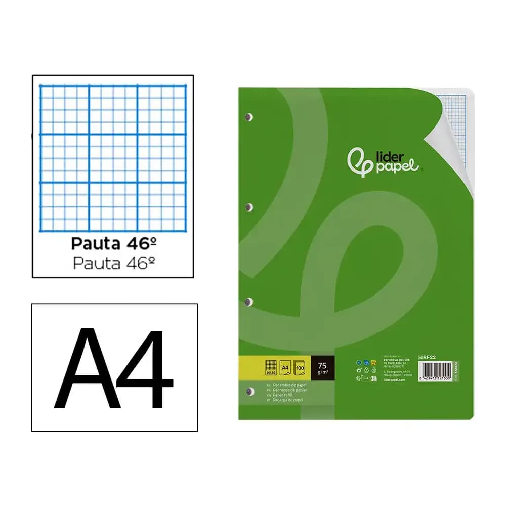 Liderpapel Recambio liderpapel a4 100 hojas 75gr rayado nº46 4 taladros