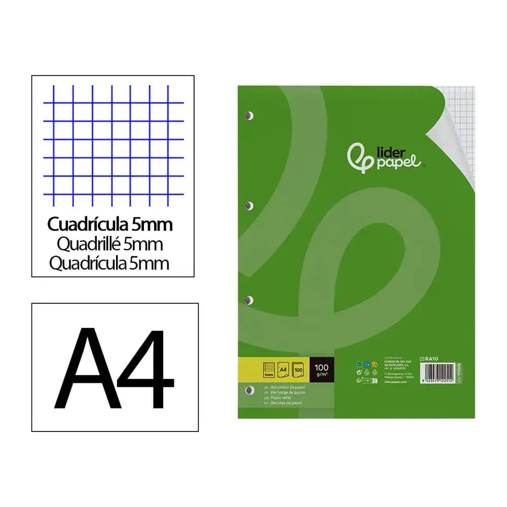 Liderpapel Recambio liderpapel a4 100 hojas 100gr cuadro 5mm con margen 4 taladros