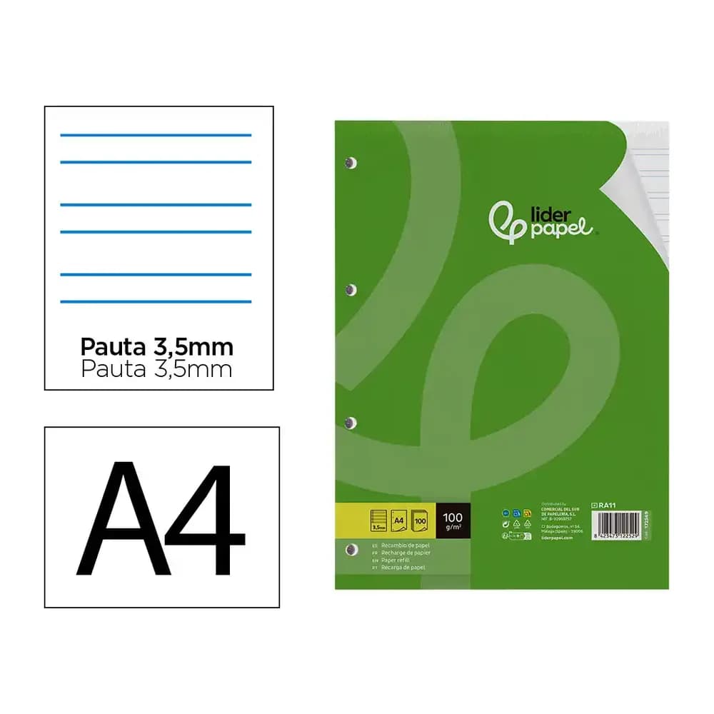 Liderpapel Recambio liderpapel a4 100 hojas 100gr pauta 3,5mm con margen 4 taladros