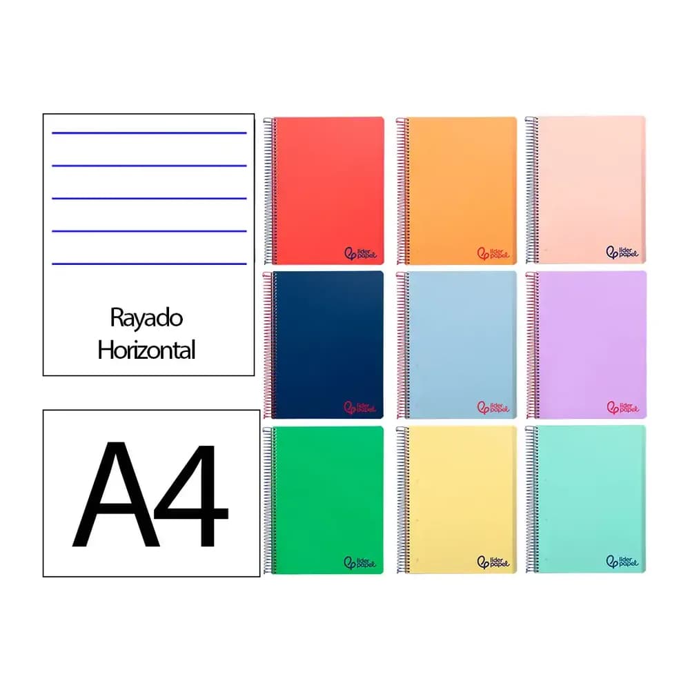 Liderpapel Cuaderno espiral liderpapel a4 micro wonder tapa plastico 120h 90gr horizontal 5 bandas 4 taladros colores