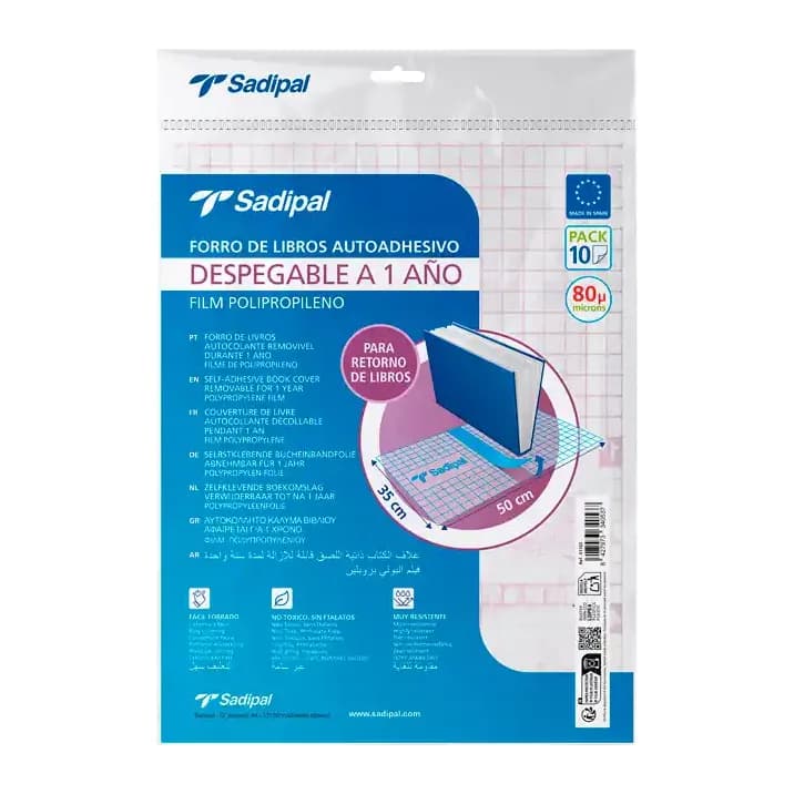 Sadipal Forralibro adhesivo para libros sadipal desplegable 1 año 80 mc 50x35 cm pack de 10 unidades