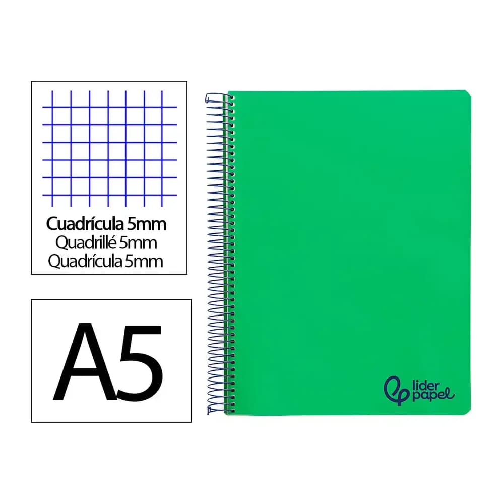 Liderpapel Cuaderno espiral liderpapel a5 micro wonder tapa plastico 120h 90gr cuadro 5mm 5 bandas 6 taladros color verde oscuro