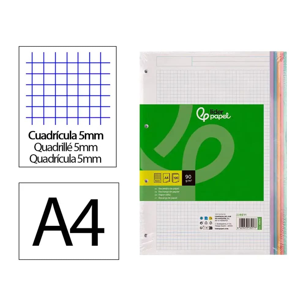Liderpapel Recambio liderpapel a4 120 hojas 90gr cuadro 5 mm 4 taladros bandas de 5 colores pasteles