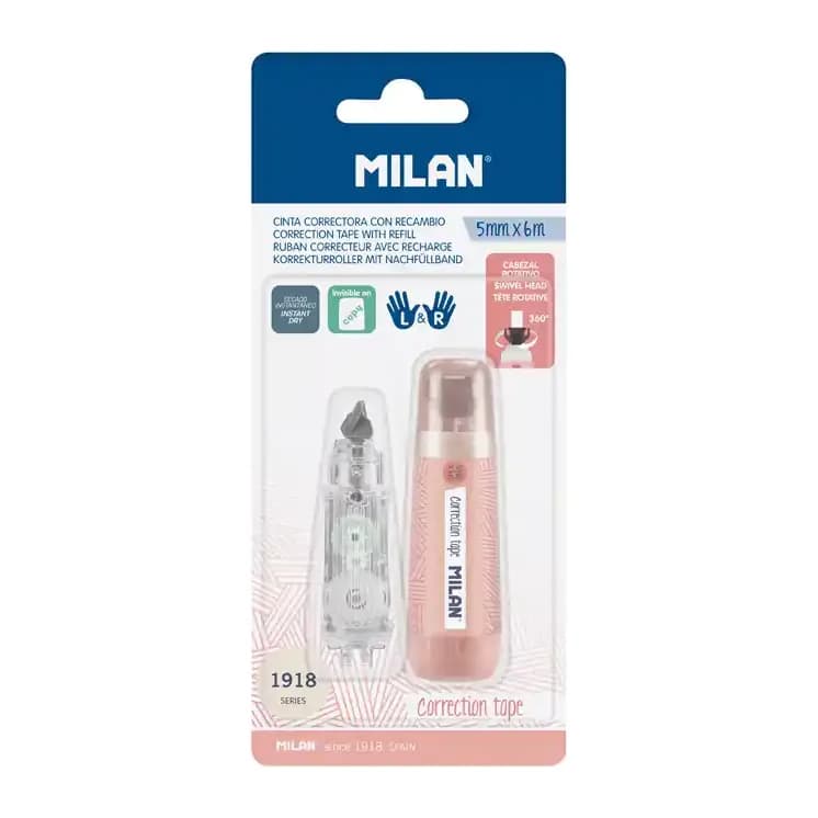 Milan Cinta correctora milan 5 mm x 6 m coleccion 430 since 1918 rosa blister de 1 unidad + 1 recambio