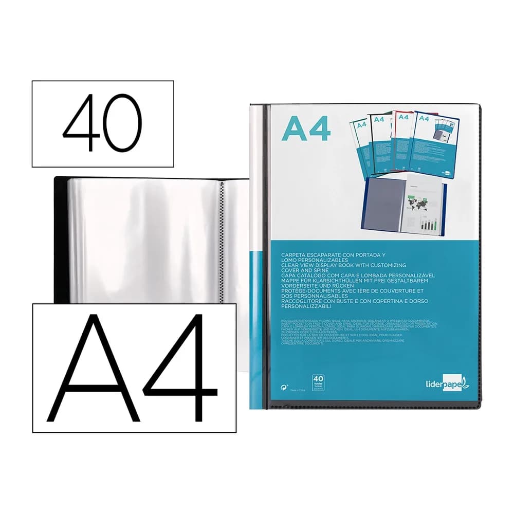 Liderpapel Carpeta liderpapel personaliza 37735 40 fundas canguro polipropileno din a4 negra portada y lomo personalizable