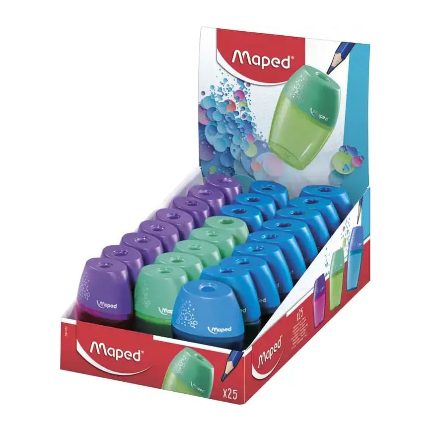 Maped Sacapuntas maped plastico 1 uso con deposito expositor de 25 unidades
