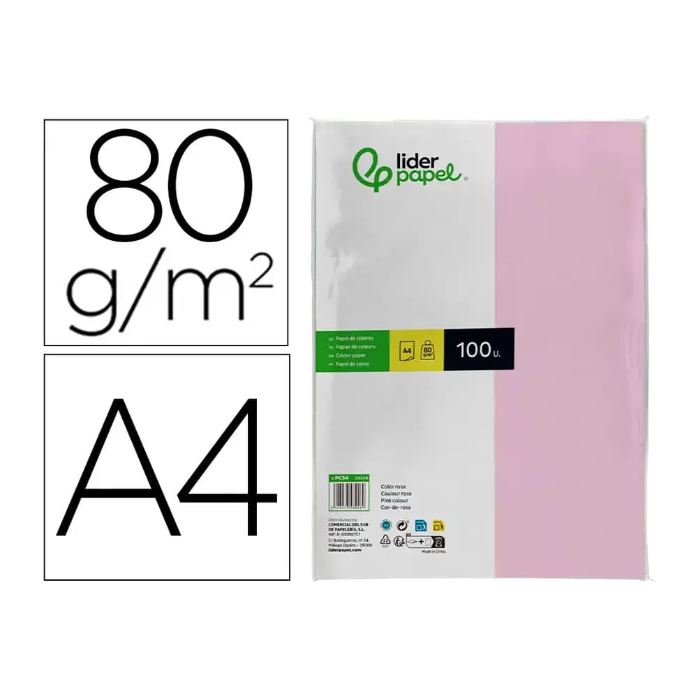 Liderpapel Papel color liderpapel a4 80gr rosa paquete de 100 hojas