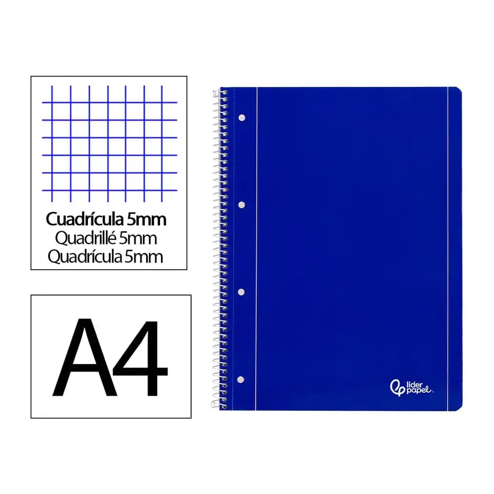 Liderpapel Cuaderno espiral liderpapel a4 micro serie azul tapa blanda 80h 75gr cuadro 5mm con mar gen 4 taladros azul