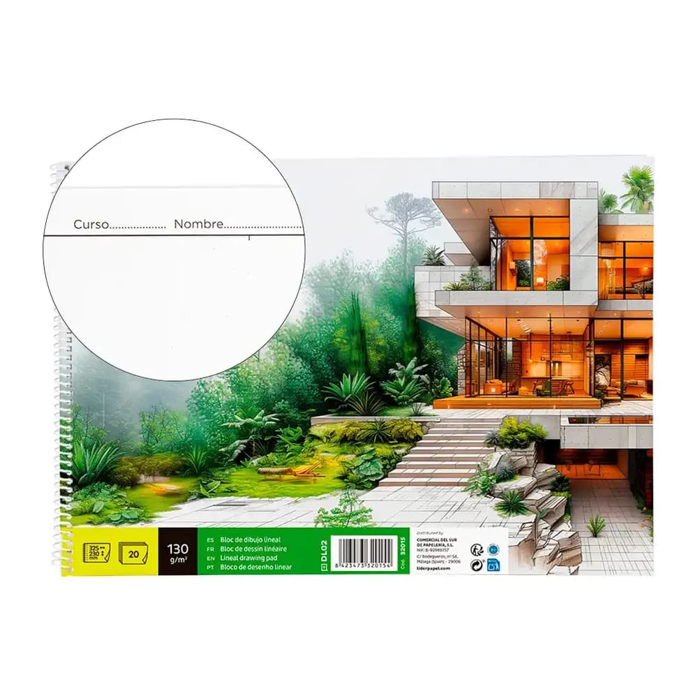 Liderpapel Bloc dibujo liderpapel lineal arquitectura espiral 230x325 mm 20 hojas 130g/m2 con recuadro perforado