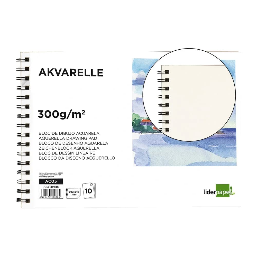 Liderpapel Bloc dibujo liderpapel acuarela espiral 297x210mm 10 hojas 300g/m2 sin recuadro