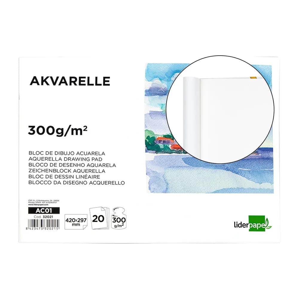 Liderpapel Bloc dibujo liderpapel acuarela encolado 297x420mm 20 hojas 300g m2 sin recuadro