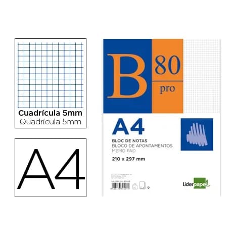 Liderpapel Bloc notas liderpapel cuadro 5mm a4 80 hojas 60g/m2 encolado 4 taladros doble margen
