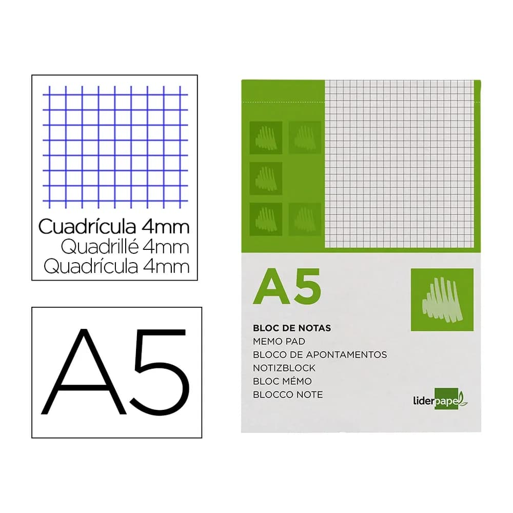 Liderpapel Bloc notas liderpapel cuadro 4mm a5 80 hojas 60g/m2 perforado