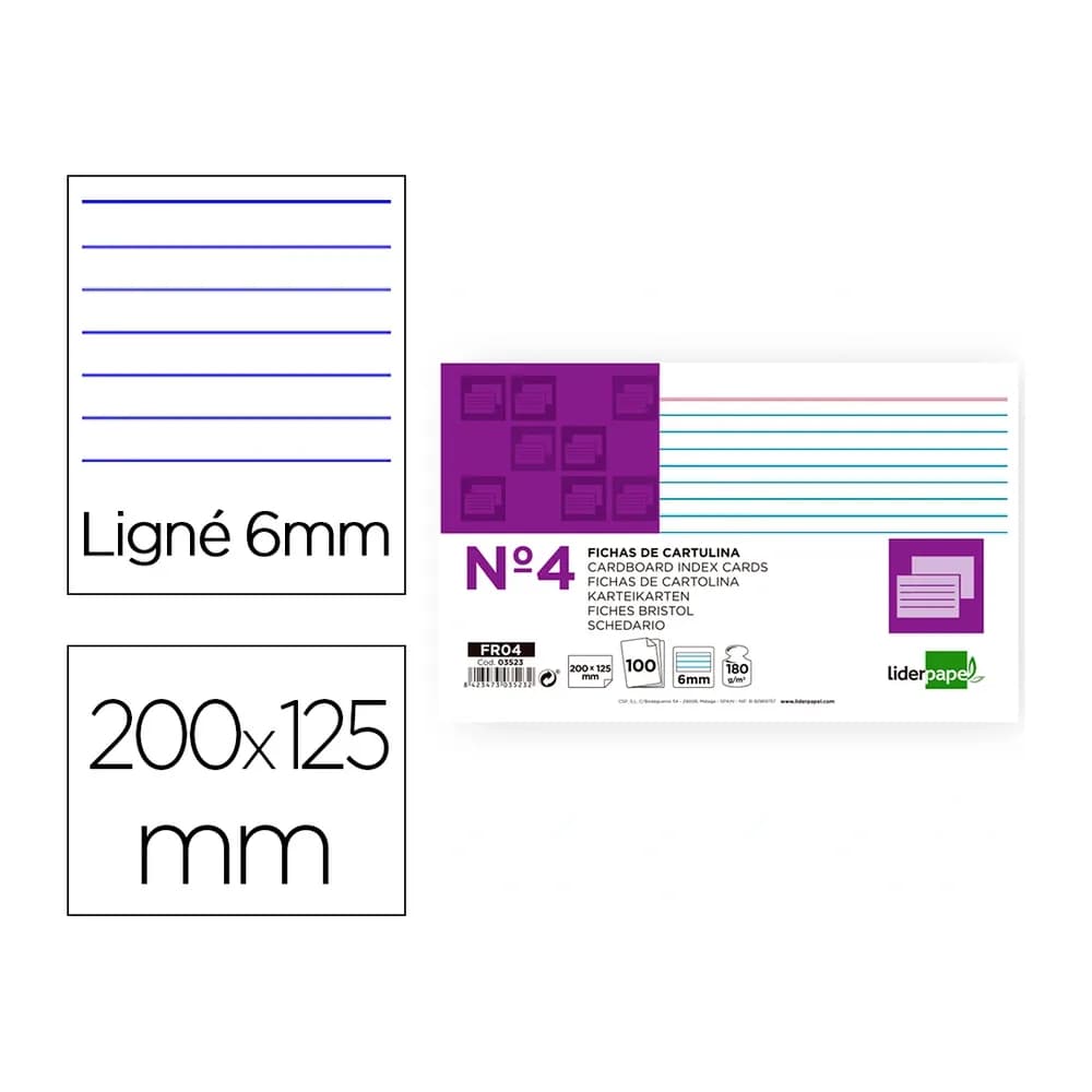 Liderpapel Ficha liderpapel rayada nº4 125x200 mm 180gr paquete de 100 unidades