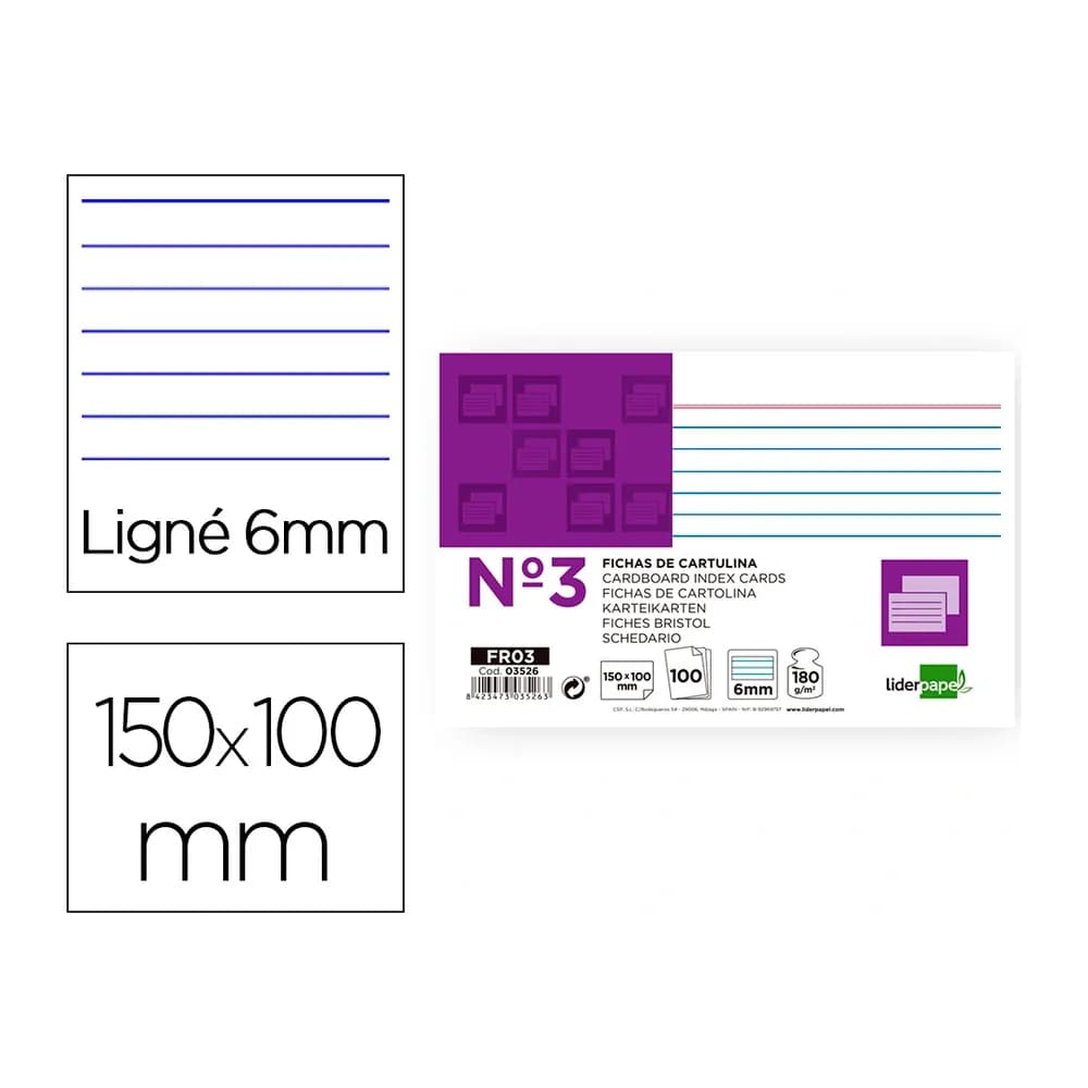 Liderpapel Ficha liderpapel rayada nº3 100x150 mm 180gr paquete de 100 unidades