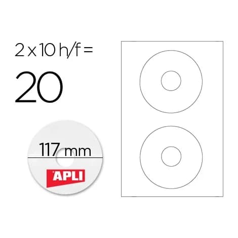 Apli Etiqueta adhesiva apli 10603 tamaño cd-rom 117 mm para fotocopiadora laser ink-jet caja con 10 hojas/20 etiquetas