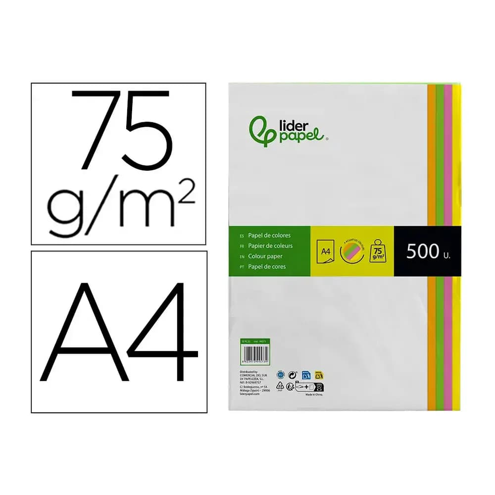 Liderpapel Papel color liderpapel din a4 75 gr neon 4 colores surtidos paquete de 500 hojas