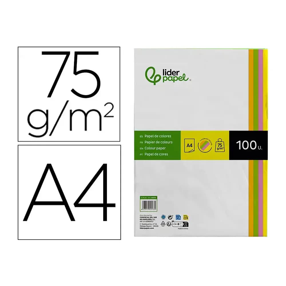 Liderpapel Papel color liderpapel din a4 75 gr neon 4 colores surtidos paquete de 100 hojas
