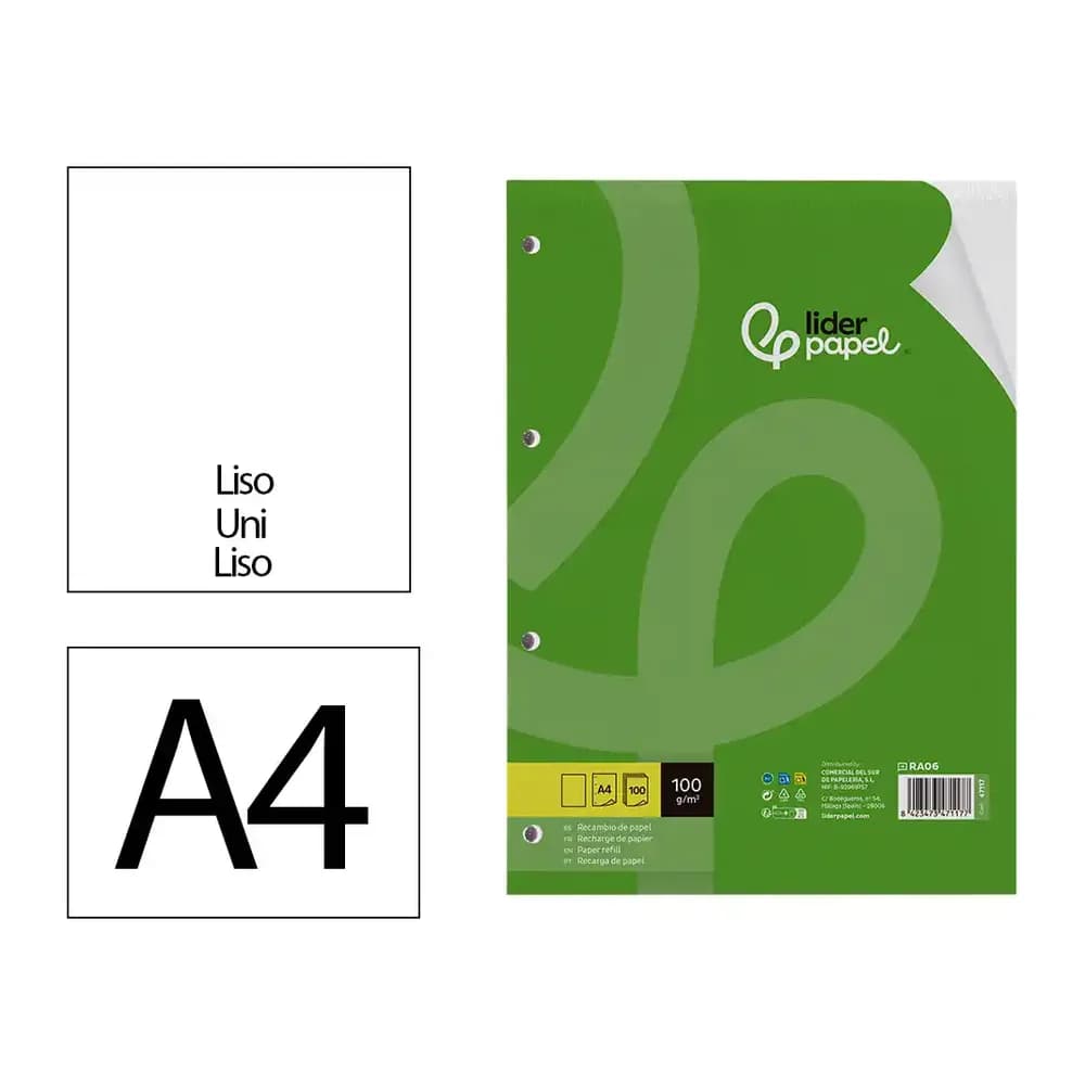 Liderpapel Recambio liderpapel a4 100 hojas 100gr liso sin margen 4 taladros