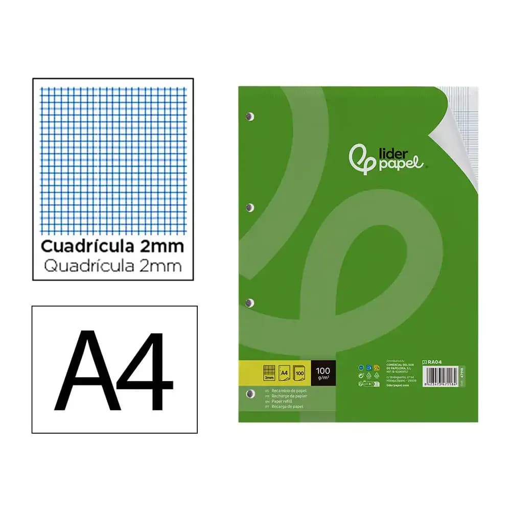 Liderpapel Recambio liderpapel a4 100 hojas 100gr milimetrado 2mm sin margen 4 taladros