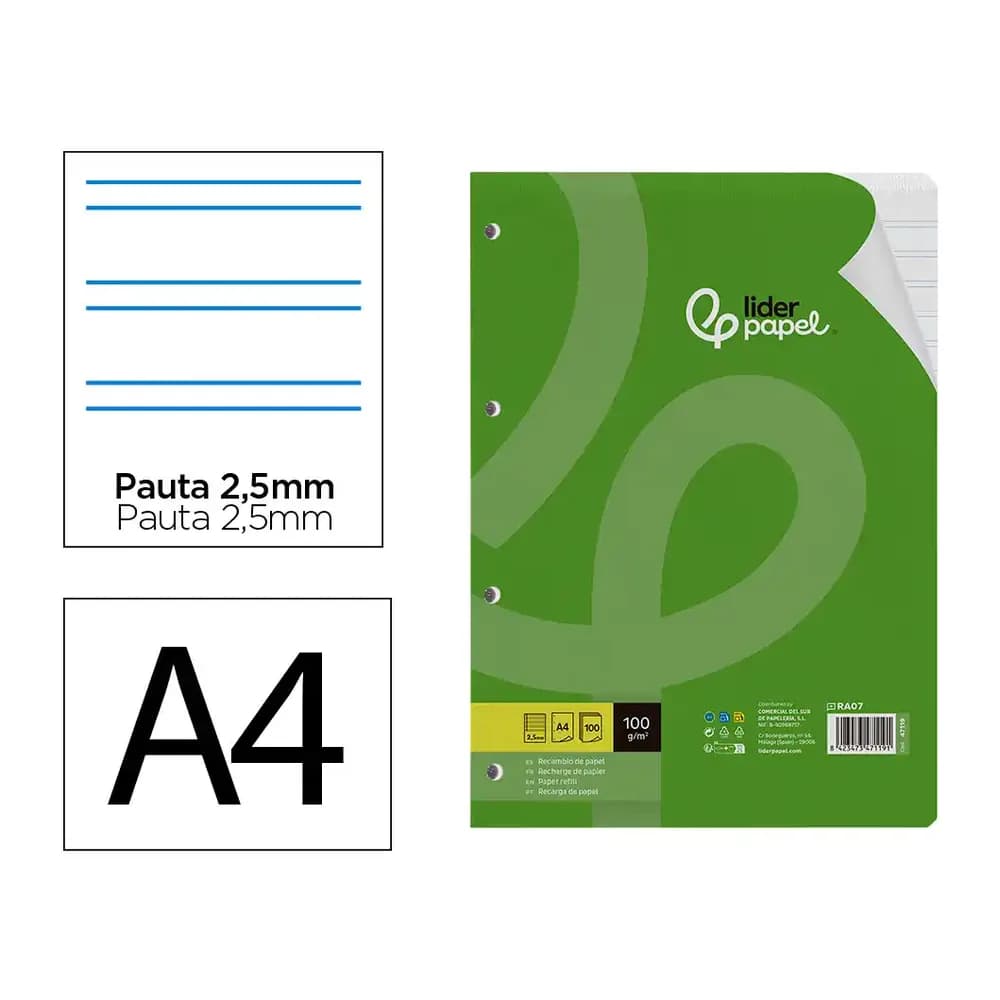 Liderpapel Recambio liderpapel a4 100 hojas 100gr pauta 5ª 2.5mm con margen 4 taladros