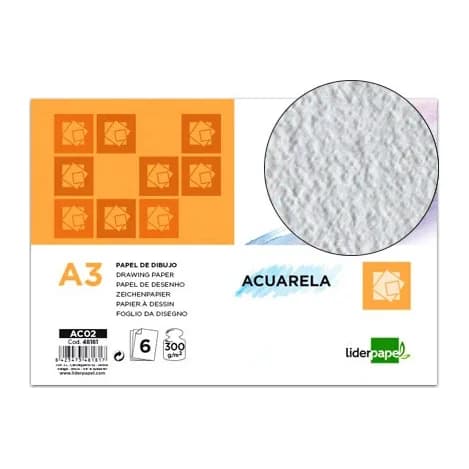 Liderpapel Papel dibujo liderpapel 297x420mm 300g/m2 acuarela pack de 6 hojas