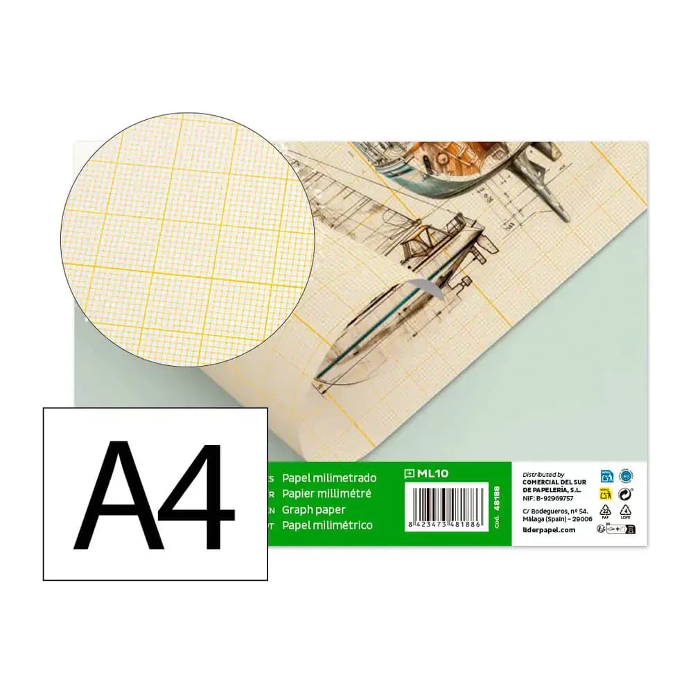 Liderpapel Papel dibujo liderpapel 210x297mm 80g/m2 milimetrado pack de 10 hojas