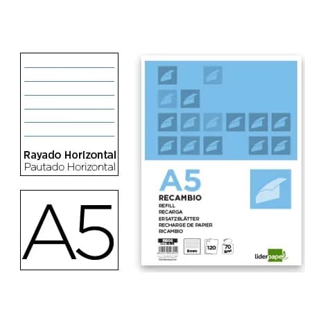 Liderpapel Recambio liderpapel a5 120 hojas 80gr horizontal sin ma rgen 6 taladros bandas de 5 colores